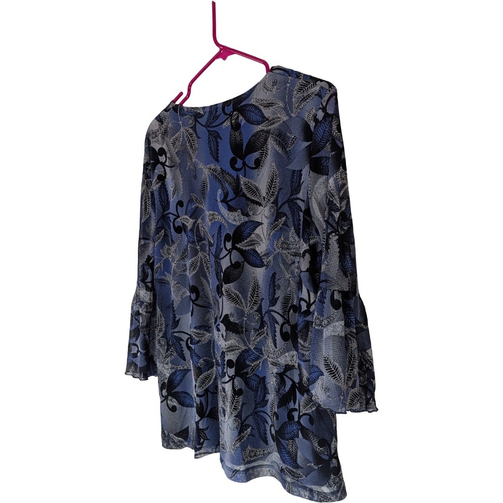 Worthington Blouse Women XL Blue Floral V-Neck 3/4 Bell Sleeve Mesh Lined Top - Picture 7 of 10